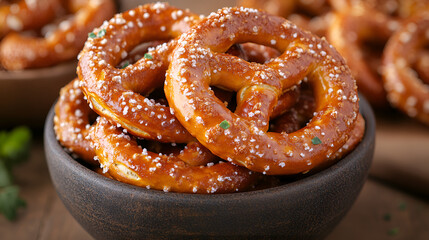 A bowl filled with golden-brown pretzels sits on a rustic wooden table, inviting and ready for enjoyment.