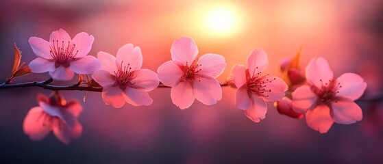 Poster - Delicate Pink Blossoms Against a Golden Sunset