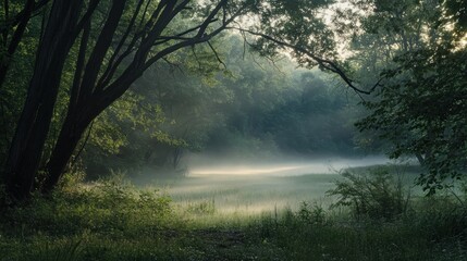 Wall Mural - A serene forest scene at dawn, shrouded in mist and illuminated by soft light.