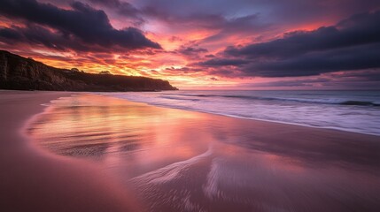 A stunning sunset over a beach, reflecting vibrant colors on wet sand.