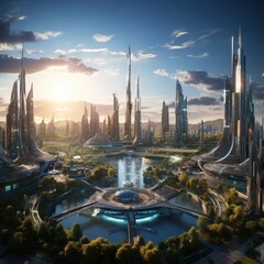 Wall Mural - Futuristic city skyline architecture landscape cityscape.