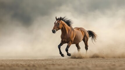 Poster - A horse galloping through a dusty landscape, showcasing its grace and power.