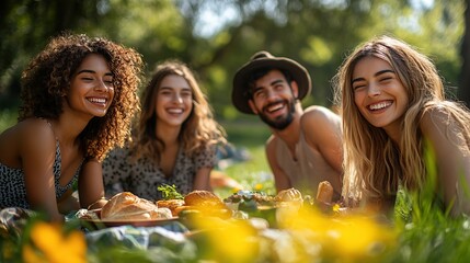 A diverse group of friends laughing together at a picnic in the park