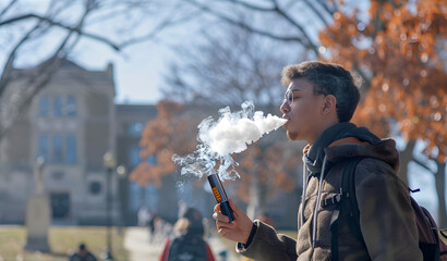 Male srudent vaping on college campus