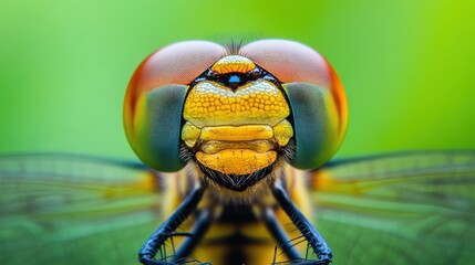 Wall Mural - Close-up of a dragonfly's vibrant face showcasing intricate details and colors.