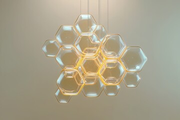 Wall Mural - Illuminated 3D Pentagonal Liquid Bubbles Cluster on Light Background