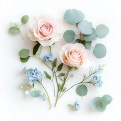 Wall Mural - A serene arrangement of pink roses and blue flowers with green leaves on a white background.