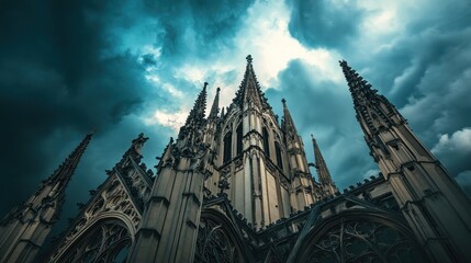 Canvas Print - A dramatic view of a gothic cathedral under a stormy sky.