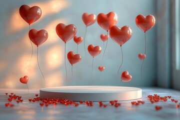 3d rendered valentines scene with a white podium surrounded by floating red heartshaped balloons soft lighting creating a romantic and festive atmosphere