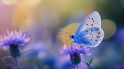 Canvas Print - A delicate blue butterfly perched on a vibrant flower, showcasing nature's beauty.