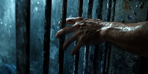 Hand reaching through rusty bars.