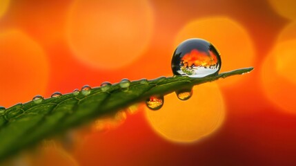 Wall Mural - A close-up of a leaf with water droplets reflecting colorful bokeh lights.