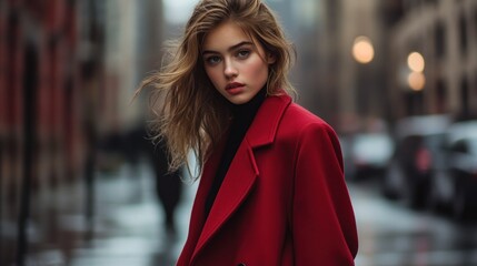 Wall Mural - A young woman in a red coat poses thoughtfully on a city street.