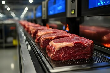 Raw Beef Steaks on a Conveyor Belt in a Food Processing Plant