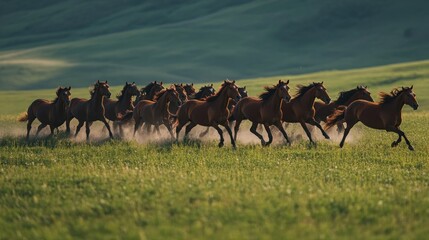 Poster - A herd of horses galloping across a green field, creating a dynamic and lively scene.