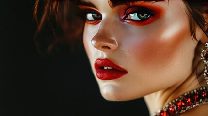 A close-up of a woman face with bold makeup and a statement necklace, highlighting the details of her beauty and style