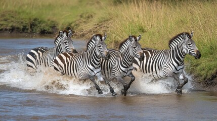 Poster - A group of zebras running through shallow water, creating splashes.