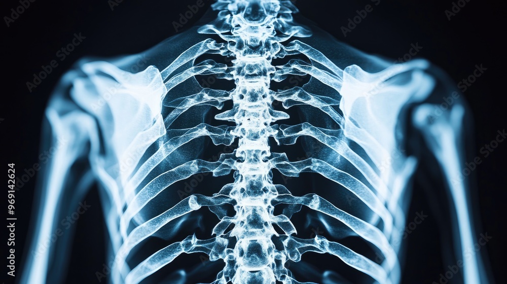 A close-up of an X-ray image showing the human skeleton, with detailed ...