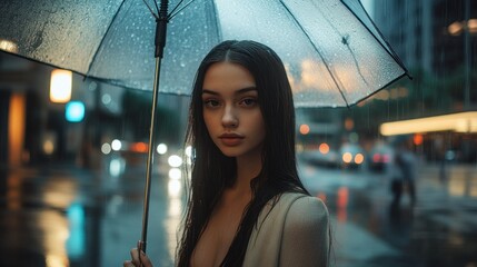 Poster - A young woman holding an umbrella in the rain on a city street at night.