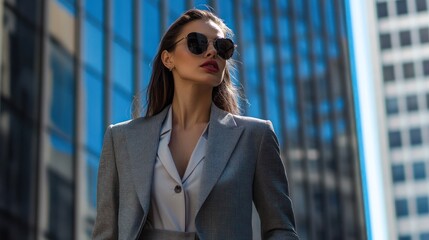 A stylish woman in a tailored suit poses confidently in an urban setting.