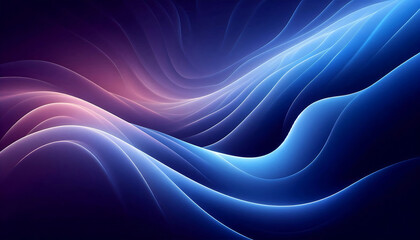 A smooth flowing abstract background featuring gradients of deep blues and purples with soft curves and light reflections creating a serene and ethereal ambiance