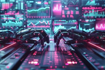 Wall Mural - two robotic hands are on a computer screen
