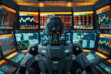 Wall Mural - a robot is sitting in front of a computer monitor with a lot of numbers on it
