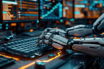 Wall Mural - a robot is typing on a keyboard with a computer monitor behind it