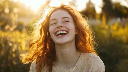 Sticker - A joyful young woman laughing in a sunlit field, embodying happiness and freedom.