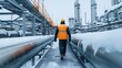 © Nicolai - industrial plant with a worker in uniform walking along large pipes at an oil deep treatment service station on a winter day