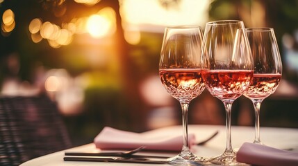 elegant restaurant table with crystal glasses and rose wine