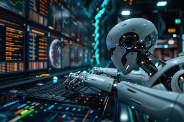 Wall Mural - a robot is sitting in front of a computer keyboard