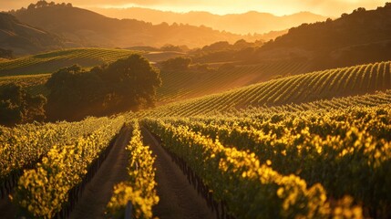 Wall Mural - A serene vineyard landscape at sunset, showcasing rows of grapevines and rolling hills.