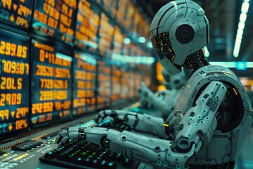 Wall Mural - a robot is sitting at a computer keyboard in front of a monitor with a lot of nu