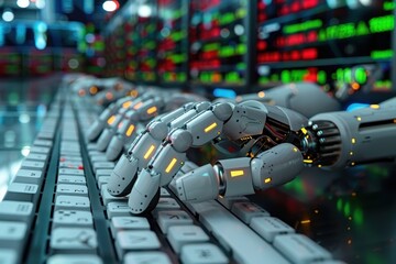 Wall Mural - a robot is typing on a keyboard with a red background