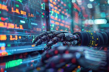 Wall Mural - a robot is typing on a computer screen with a lot of numbers and graphs