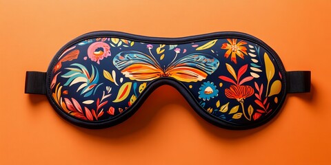 Poster - Colorful floral sleep mask on orange background.