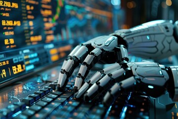 Wall Mural - a robot is typing on a keyboard with a screen behind it that has a lot of number