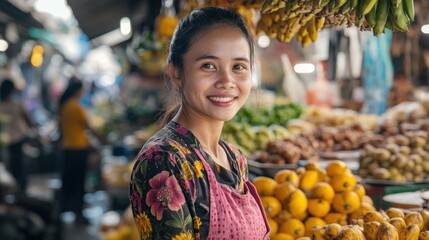 Wall Mural - A smiling vendor at a vibrant market surrounded by fresh fruits and vegetables.