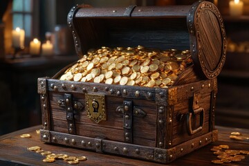 ancient wooden treasure chest overflowing with gleaming gold coins jewels and artifacts dramatic lighting rich textures mysterious ambiance hidden wealth concept