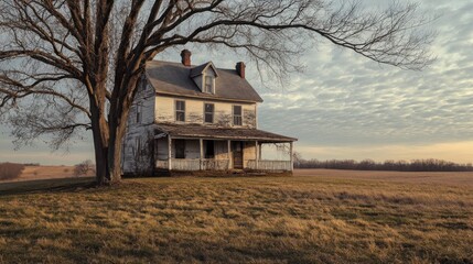 Canvas Print - A weathered farmhouse stands alone in a vast field under a cloudy sky.