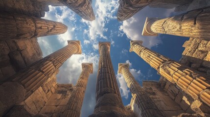 Canvas Print - A view of ancient columns reaching towards a cloudy sky, showcasing architectural grandeur.