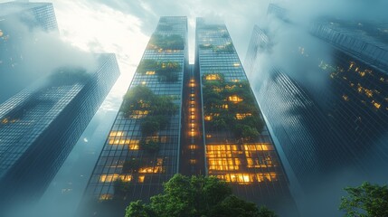 Wall Mural - Futuristic AI-controlled climate control systems in skyscrapers: Office buildings where AI adjusts the temperature, lighting, and ventilation based on occupant preferences and weather conditions.