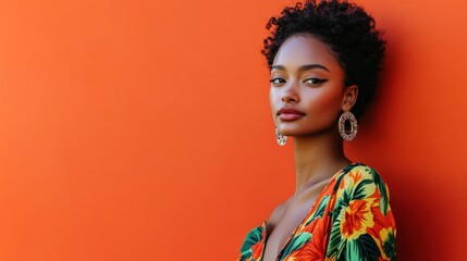 Wall Mural - A woman with curly hair poses against a vibrant orange wall, showcasing floral fashion.