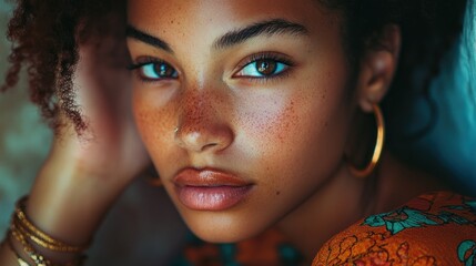 Wall Mural - A close-up portrait of a young woman with curly hair and freckles, showcasing natural beauty.