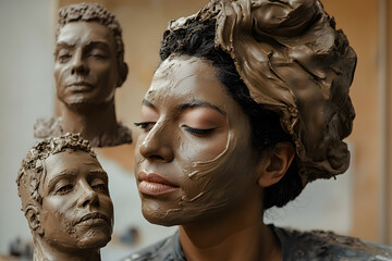 Wall Mural - a woman with her head made of clay and clay sculptures