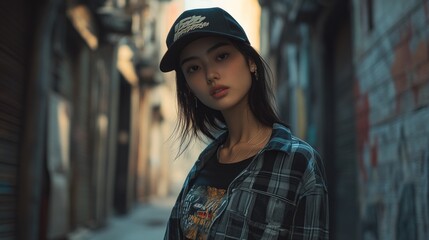 Poster - A young woman poses confidently in a narrow alley, wearing a cap and casual attire.