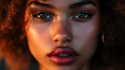 Canvas Print - A woman with brown hair and brown eyes is wearing red lipstick