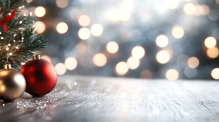 Festive Christmas decorations of red and gold baubles on a wooden surface with blurred, glowing lights in the background, perfect for holiday greetings or seasonal marketing materials,