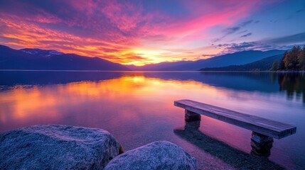 Wall Mural - Serene sunset over a tranquil lake with a wooden bench and rocky shoreline.